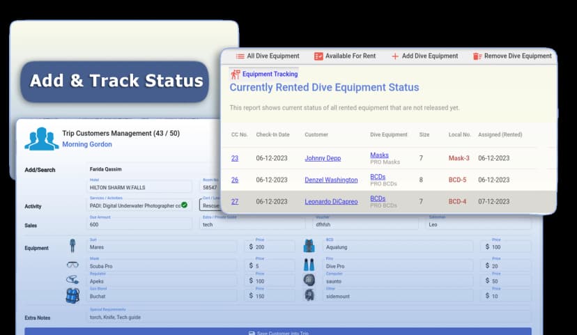 Anchor dive center software booking screen| manage dive gear,stuff and boat.